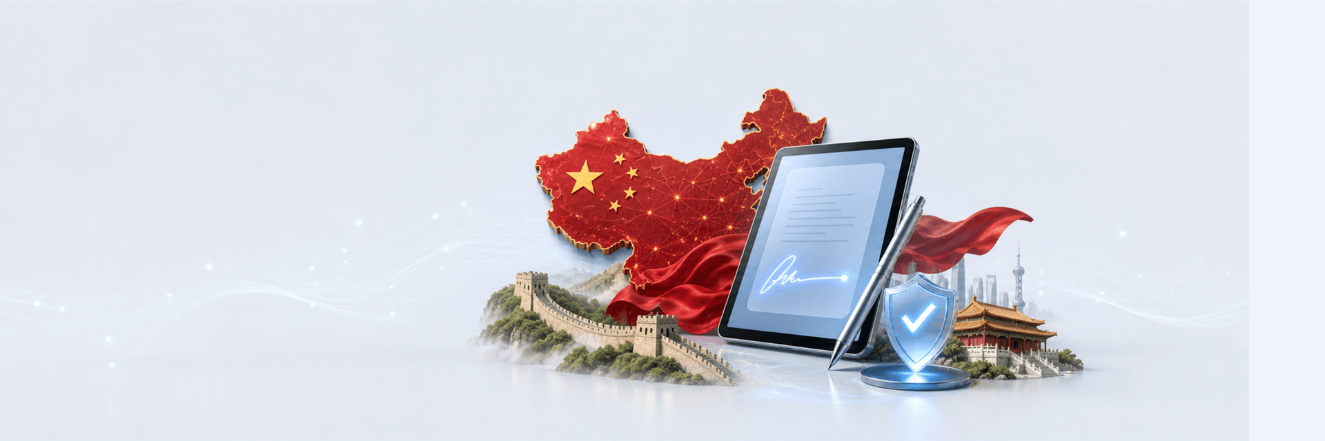 中國地圖、帶有電子簽名的平板電腦、長城和國旗——中國大陸的電子簽名