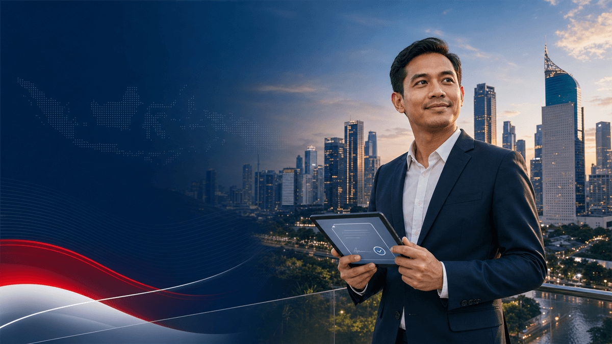 Indonesian professional with Jakarta skyline — e-signature compliance