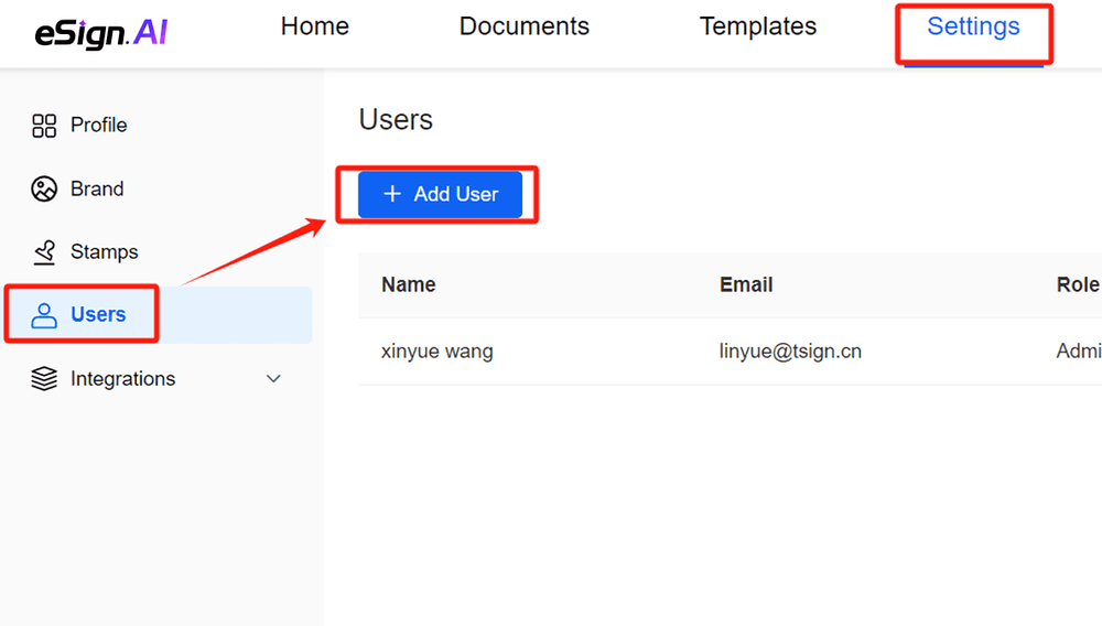 eSign.AI admin console for users, roles and team management