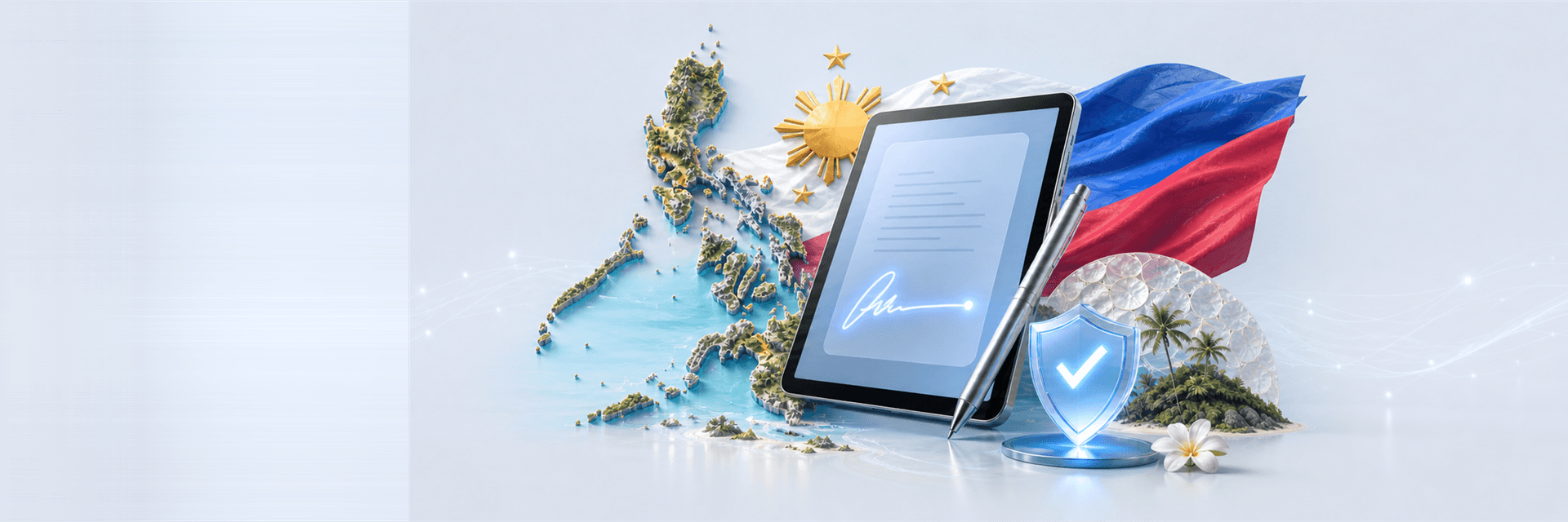 Philippines map, tablet with e-signature, and national flag — RA 8792 electronic signature